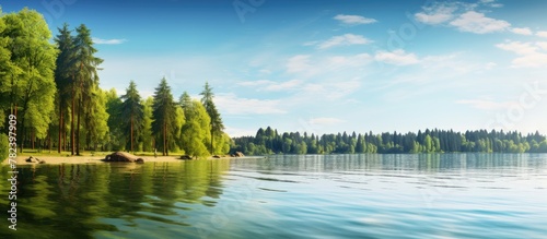 Lake surrounded by green tr...