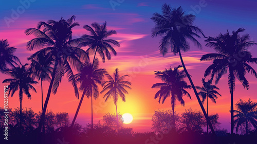 Silhouette of palm trees at tropical sunrise or sunset background © Alexander