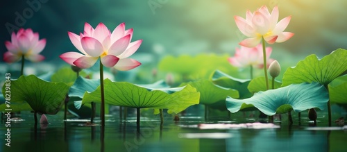 Lotus flowers and green leaves in water photo
