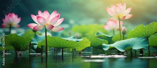 Lotus flowers and green lea...