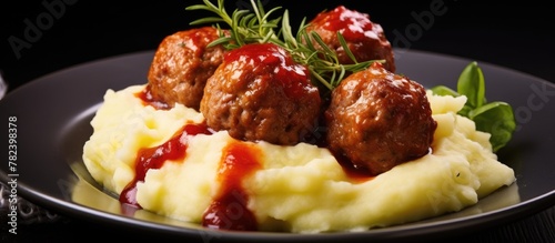 Meatballs atop creamy mash