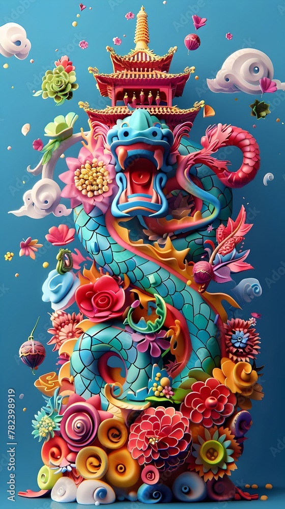 Obraz premium Captivating of Vibrant Asian Songkran Festival with Ornate Dragon,Pagoda and Flowers