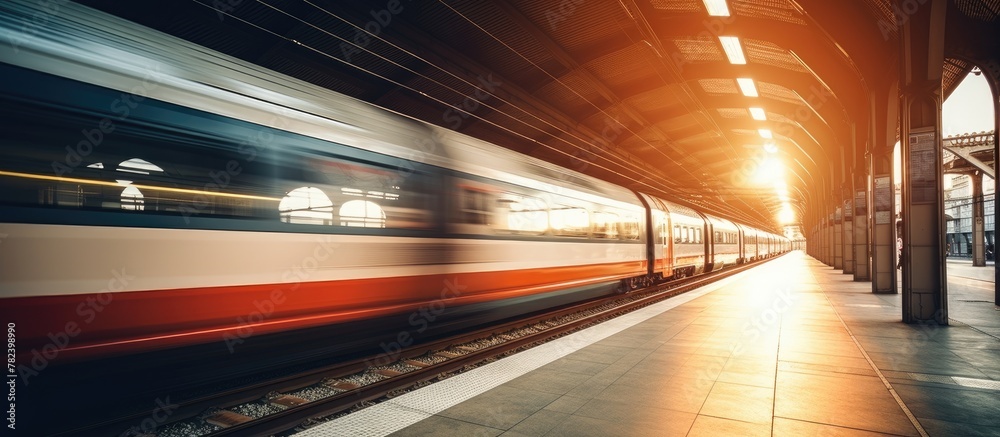 Passenger train moving past a railway station platform