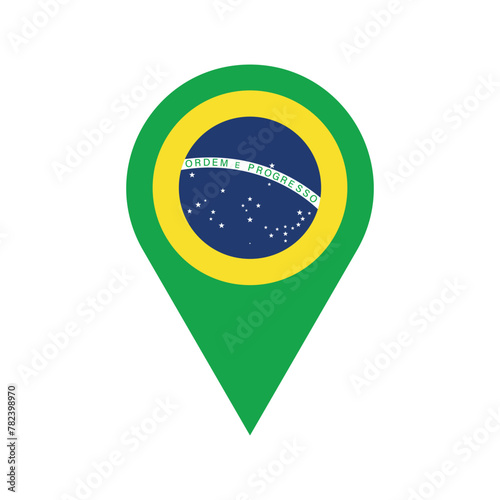 Brazil location pin, gps marker with brazilian national flag color, made in Brazil symbol, find us sign, vector design element