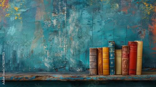 Colorful books on grungy blue background free copy space Vintage old books on wooden shelf no labels or blank spines Back to school Education background photo