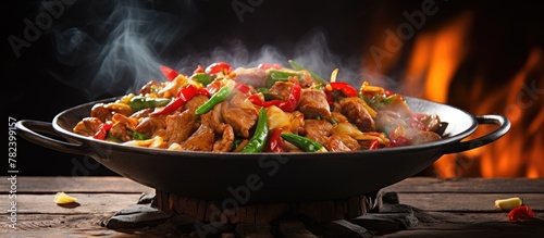 Pan of food against fiery b...
