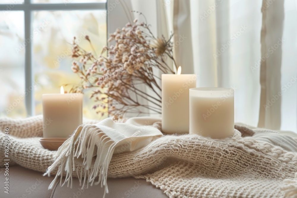 Three candles on a wooden table next to a knitted blanket