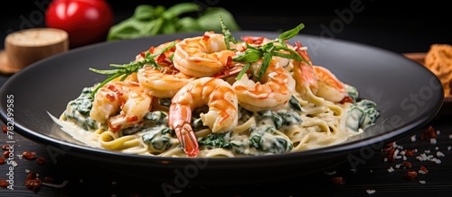 Plate of Pasta Featuring Shrimp and Spinach