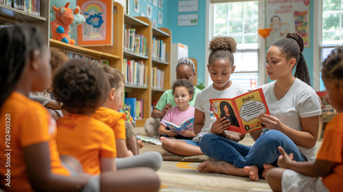 Young Teacher Reading to Diverse Group of Children in Library Setting