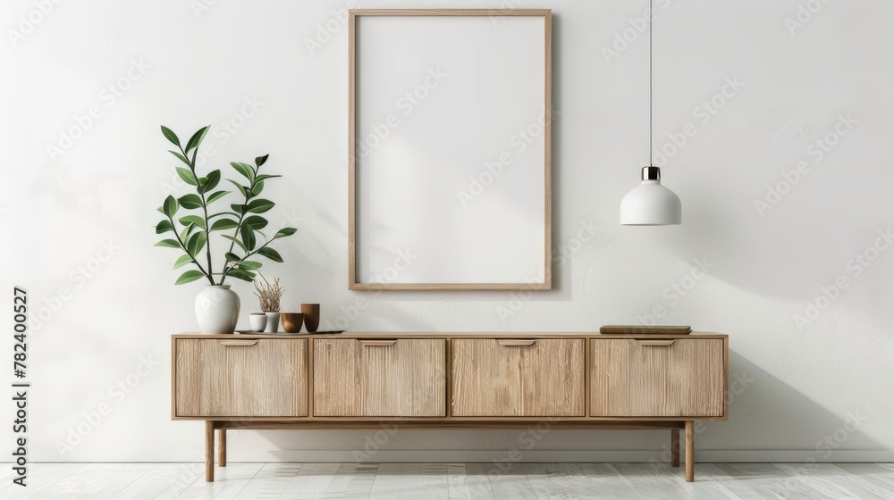 wooden photo frame mockup with beige vase with eucalyptus. rendering 3d wooden photo frame mockup with beige vase with eucalyptus. rendering 3d