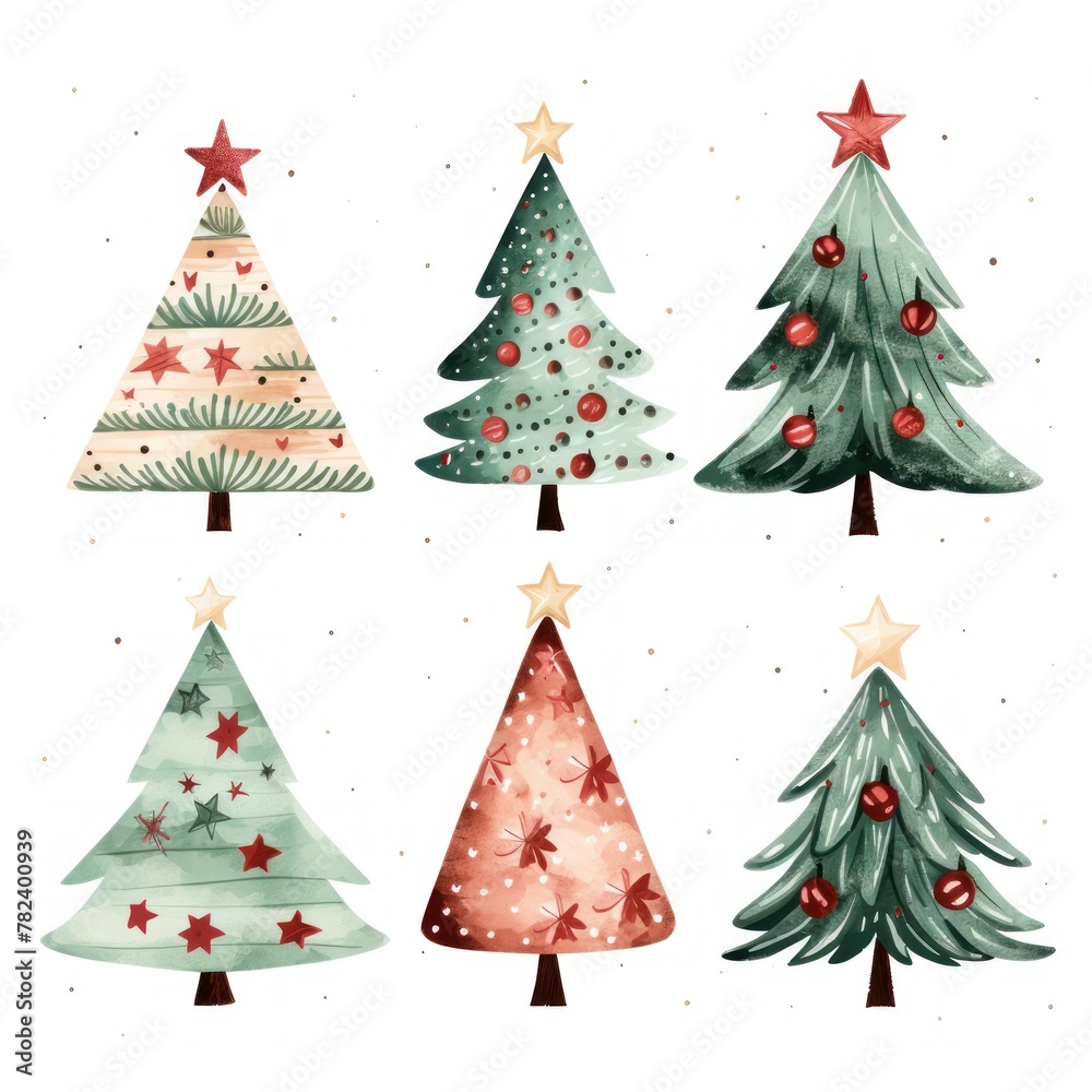 Whimsical Holiday Illustration of Decorated Christmas Trees Generative AI