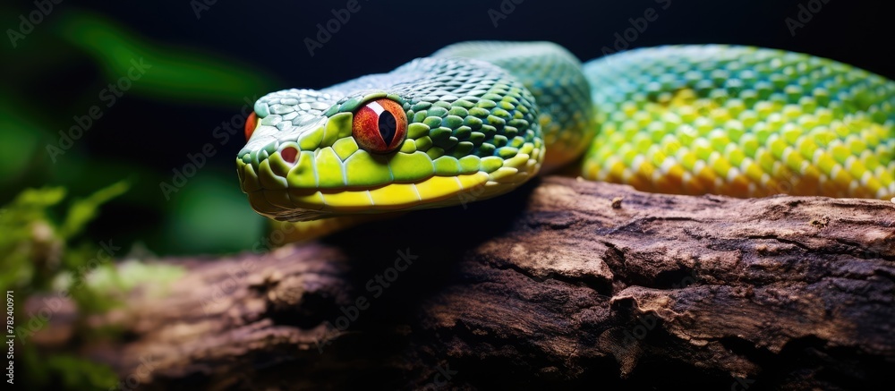 Fototapeta premium A green snake with a striking red eye