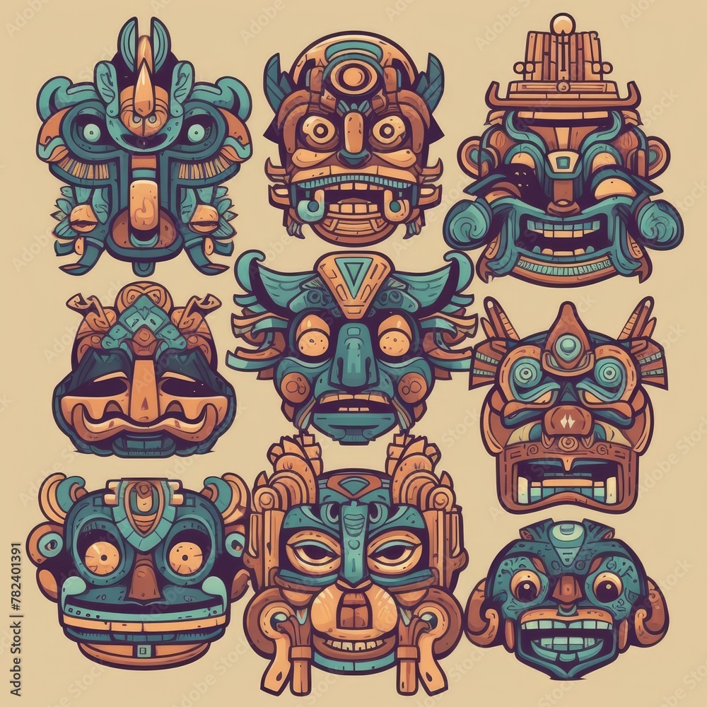 Vibrant Mayan Masks and Hawaiian Tiki Symbols Generative AI