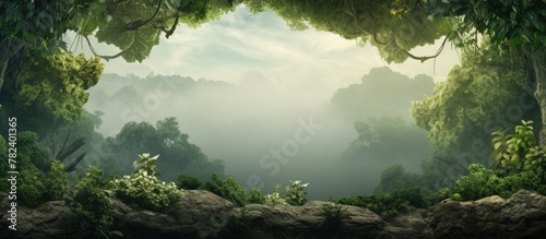 A jungle scene with trees and rocks