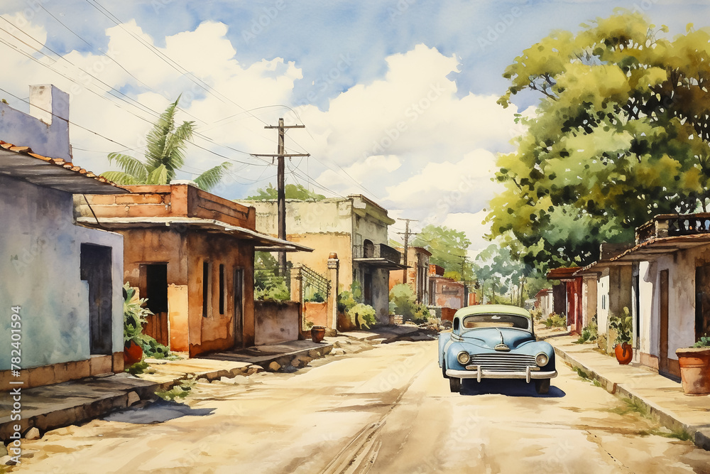 Mexican street and cityscape painted in watercolor. The back alleys of the suburbs, the tropics, and the lives of the people of Latin America with a sense of life. Classic car can be seen.