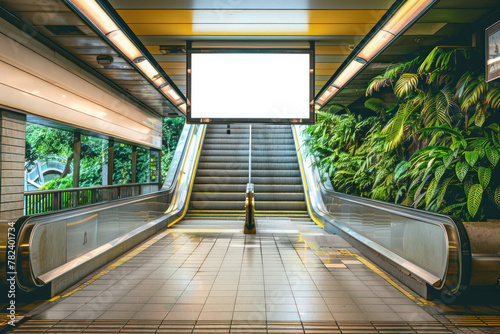Escalator leading up to the exit in an eco-friendly subway station decorated with vibrant green plants photo