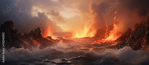 Lava flows into ocean with small streams photo