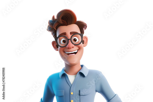Happy smiling cartoon character adult man person portrait wearing blue shirt and big glasses in 3d style design on light background. Human people feelings expression concept