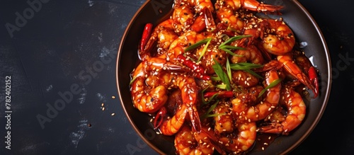 Plate of sesame shrimp with green onions