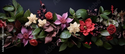 Colorful flowers and green leaves on a dark backdrop