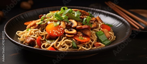 Bowl of savory noodles with assorted mushrooms and veggies