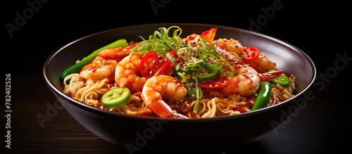 Close-Up Noodle Bowl with Shrimp and Veggies