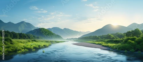 A river flows through a green valley
