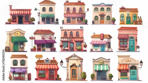 Set of retro houses with small shops and cafe. Vintage houses with a restaurant, bakery, or local shop isolated on white.