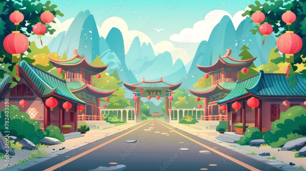 An Asian village with tradition houses and festival lanterns on the street. Modern cartoon landscape with chinese and japanese buildings and mountains.