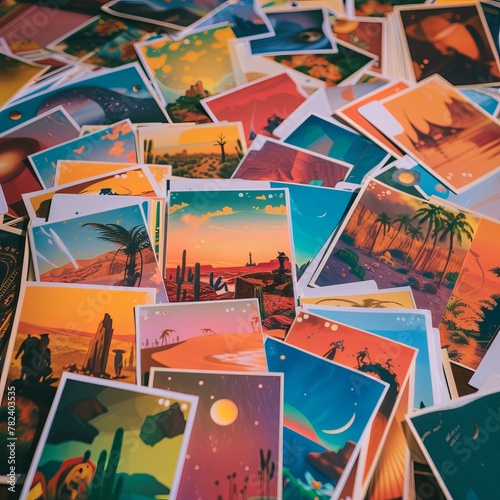 Different postcards full of colorful stickers, - pile of cute nature scenery pictures photo