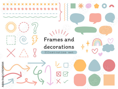 Frames and decorations for notes. Vector illustration set