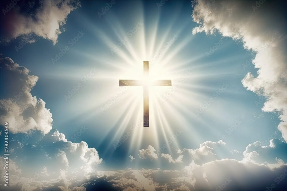 Reverent Christian Easter Scene with Cross, Praying Jesus, and Radiant Glory Generative AI Reverent Christian Easter Scene with Cross, Praying Jesus, and Radiant Glory Generative AI