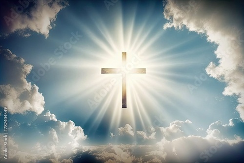 Reverent Christian Easter Scene with Cross, Praying Jesus, and Radiant Glory Generative AI