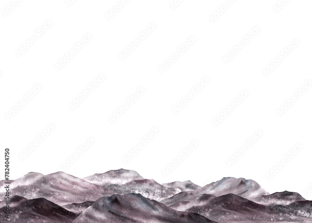 Mountains monochrome landscape with rocks, cliffs mountain ranges, hills and valleys all shades of gray in nature. Watercolor hand drawn illustration. Vintage clipart on isolated white background 