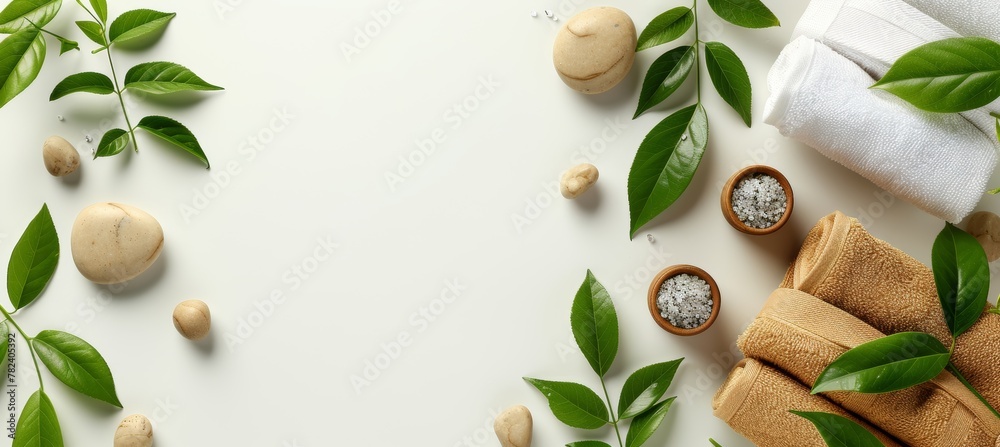 Eco friendly spa accessories still life on white background with ample space for text placement Eco friendly spa accessories still life on white background with ample space for text placement