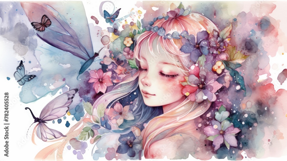 Fototapeta premium Whimsical Fairy and Flowers Watercolor Illustration Generative AI