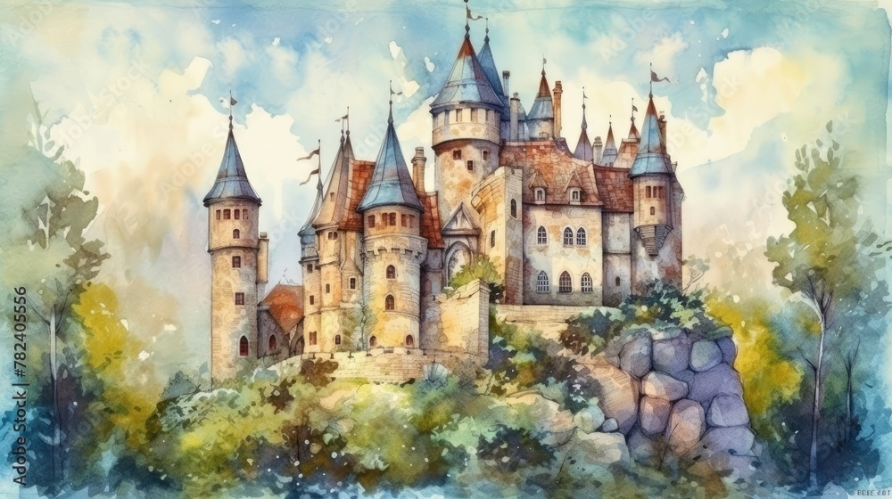 Enchanting Watercolor Illustration of a Fairy Tale Castle Generative AI