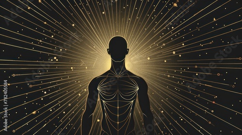 Illustration silhouette of human body with golden rays lines on black background. AI generated photo