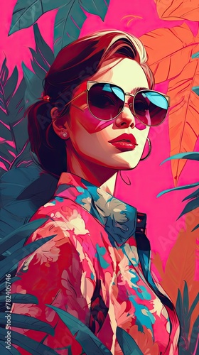 Retro Fashion Model with Sunglasses and Exotic Leaves in Bold Graphic Illustration Style Generative AI