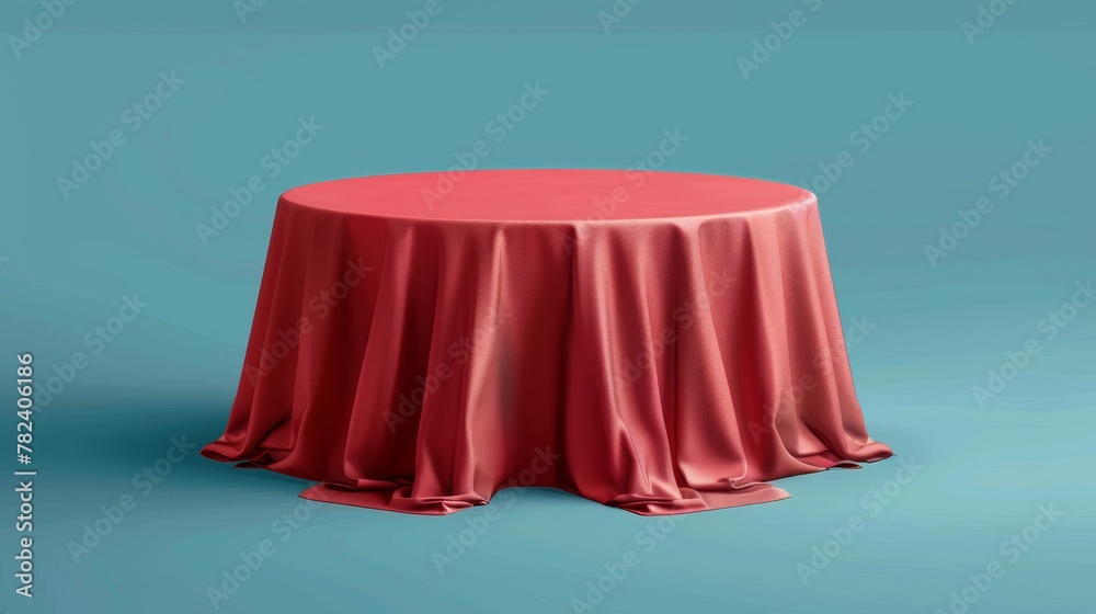 Blank linen cloth with drapes on the dining table. Modern realistic mockup of an empty dining desk with a red tablecloth. - obrazy, fototapety, plakaty 