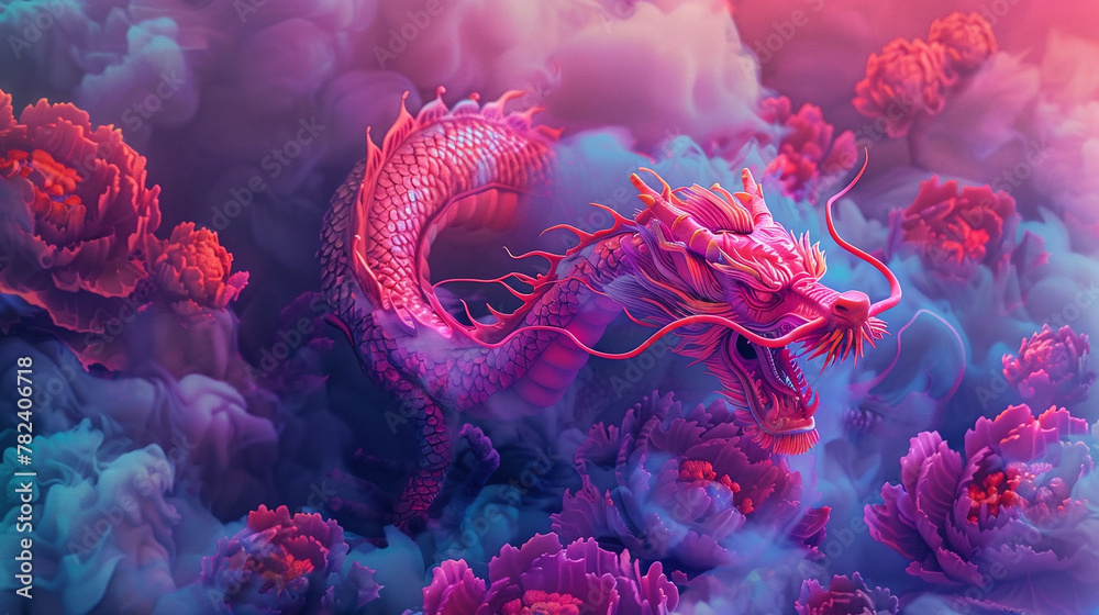 Obraz premium Neon Dragon's Flight Through Traditional Asian Fantasy