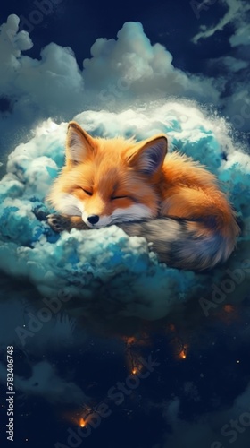 Dreamlike Fox Sleeping on a Cloudy Celestial Scene Generative AI © AlexandraRooss