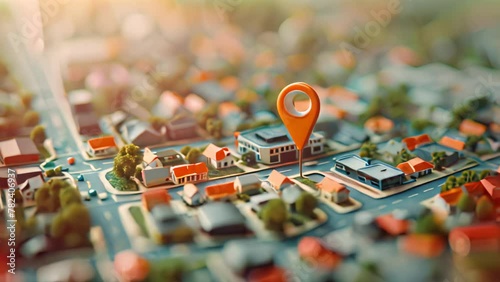 Orange location marker on miniature city map. photo
