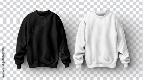 The mockup shows a black and white sweatshirt and a white long sleeved shirt isolated on a transparent background. Check out the mockup below for a realistic view of sweaters and pullovers in front photo