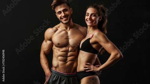 Happy smiling young fit healthy couple pose on black background. AI generated image
