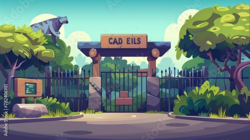 Zoological garden with entrance gates, metal fence, signboard and green bushes showing a zoological entrance with wooden board on stone arch. Modern cartoon landscape of a zoological garden with photo