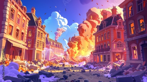 A cataclysm destruction, a natural disaster or a post-apocalyptic world ruins with broken road and street, a cartoon modern illustration of a devastated city in a war zone. © Mark
