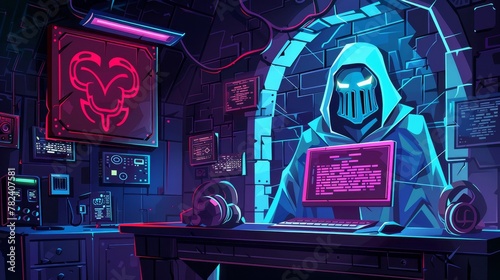 Data protection banner with computer and access denied notification. Cartoon modern illustration of hacker attack  antivirus  firewall  computing internet network secure digital technology.