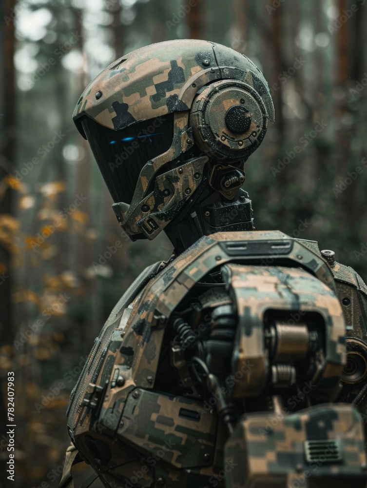 Advanced camouflage robot with tactical armor in forest, exemplifying military technology and surveillance. Advanced camouflage robot with tactical armor in forest, exemplifying military technology and surveillance.