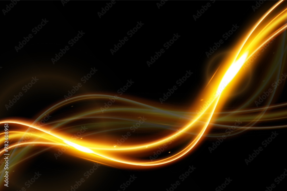Obraz premium Light wave,shiny gold lines.Color glowing design element.Wavy bright stripes.Vector illustration. 